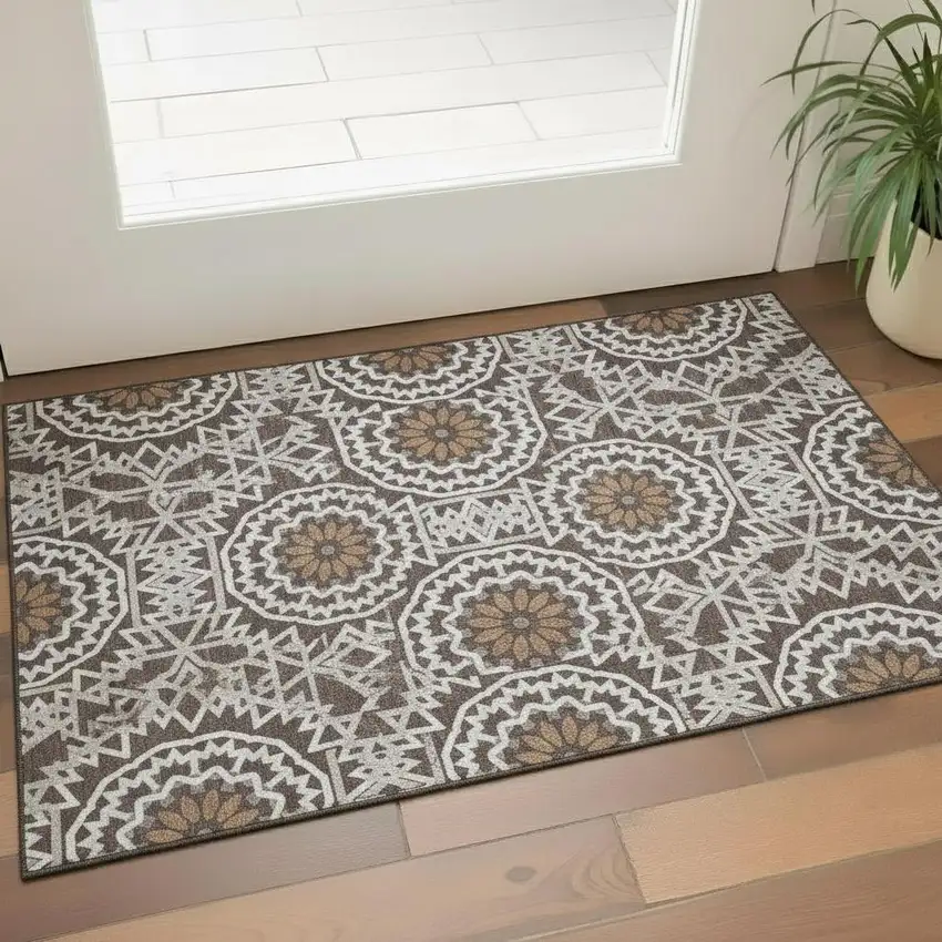 Chocolate And Ivory Geometric Washable Area Rug With UV Protection Photo 1