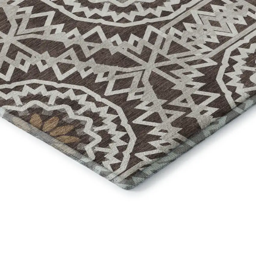 Chocolate And Ivory Geometric Washable Area Rug With UV Protection Photo 9