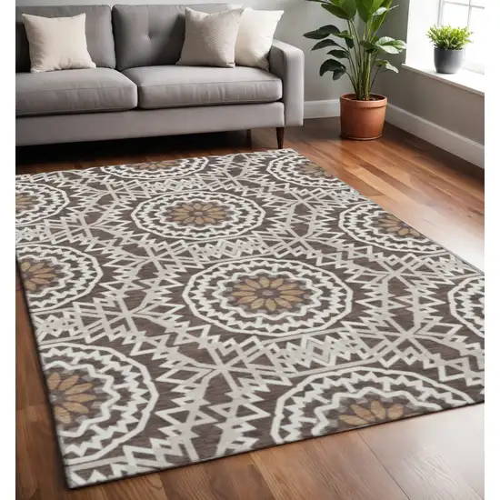 Chocolate And Ivory Geometric Washable Area Rug With UV Protection Photo 2