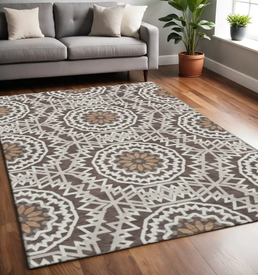 Chocolate And Ivory Geometric Washable Area Rug With UV Protection Photo 2