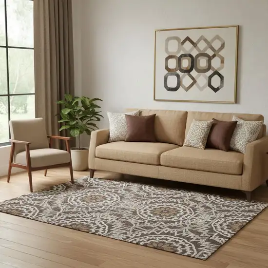 Chocolate And Ivory Geometric Washable Area Rug With UV Protection Photo 1