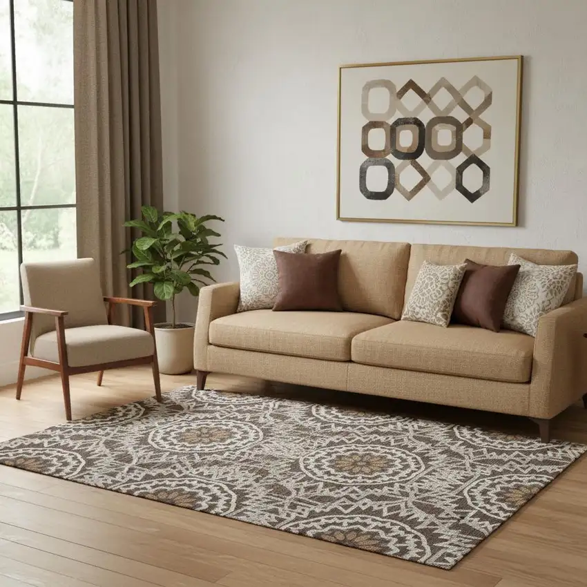 Chocolate And Ivory Geometric Washable Area Rug With UV Protection Photo 1