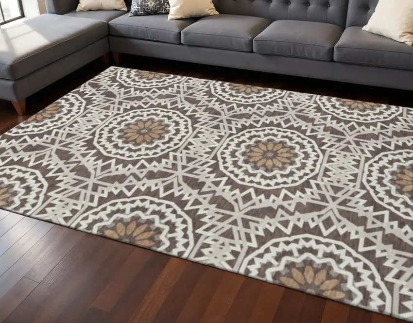 Chocolate And Ivory Geometric Washable Area Rug With UV Protection Photo 2