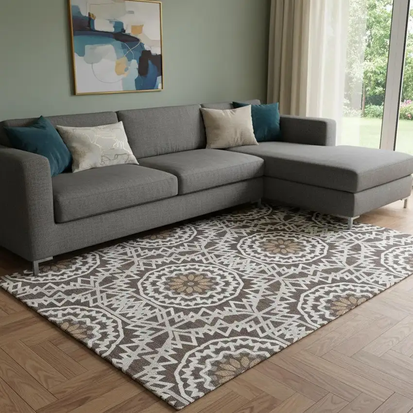 Chocolate And Ivory Geometric Washable Area Rug With UV Protection Photo 1