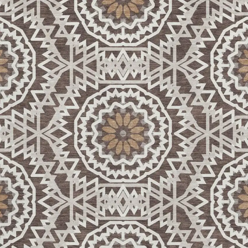 Chocolate And Ivory Geometric Washable Area Rug With UV Protection Photo 4