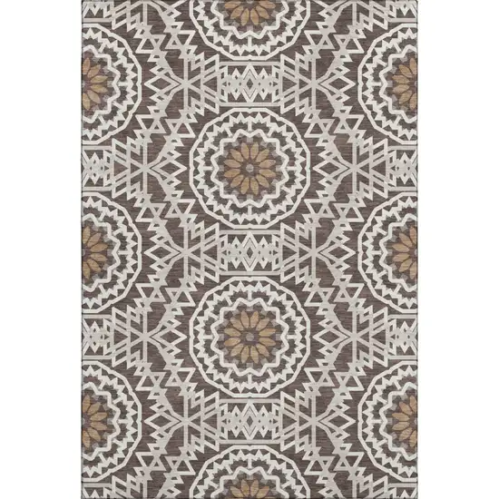 Chocolate And Ivory Geometric Washable Area Rug With UV Protection Photo 1