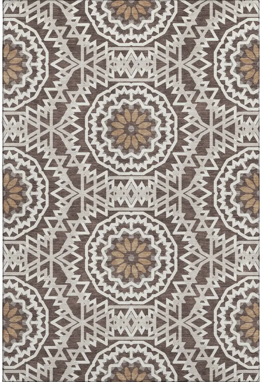 Chocolate And Ivory Geometric Washable Area Rug With UV Protection Photo 1