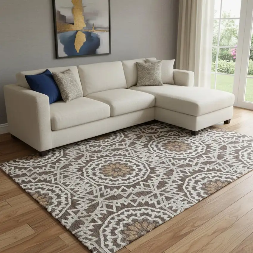 Chocolate And Ivory Geometric Washable Area Rug With UV Protection Photo 1