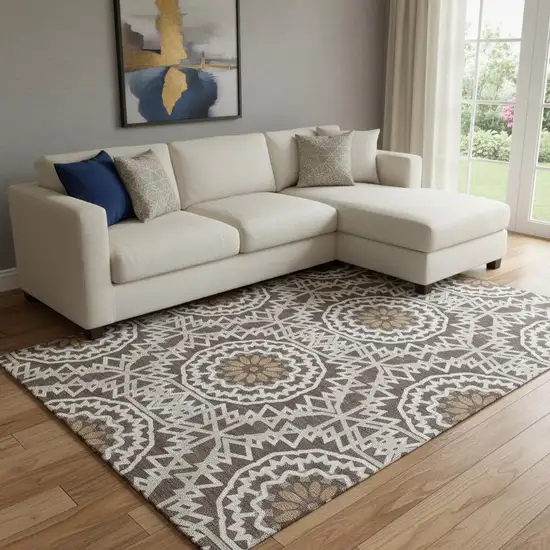 Chocolate And Ivory Geometric Washable Area Rug With UV Protection Photo 1