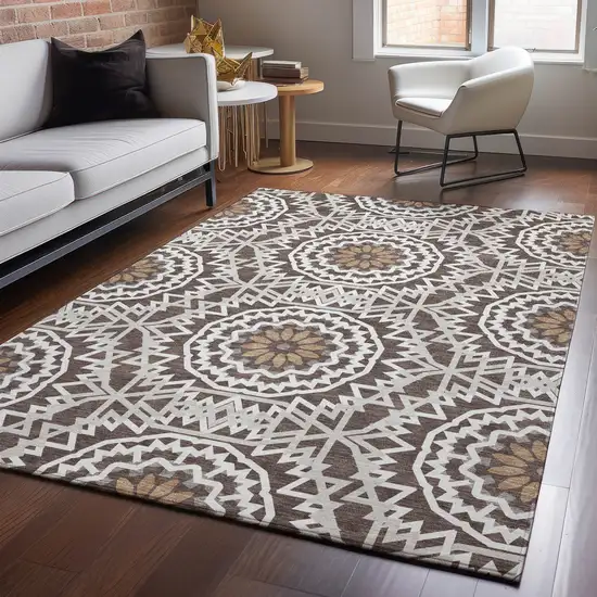 Chocolate And Ivory Geometric Washable Area Rug With UV Protection Photo 6