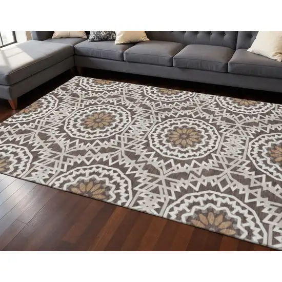 Chocolate And Ivory Geometric Washable Area Rug With UV Protection Photo 2