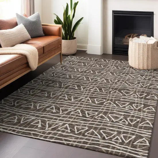Chocolate And Ivory Geometric Washable Area Rug With UV Protection Photo 5
