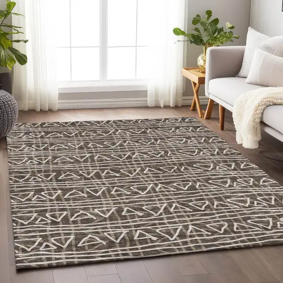 Chocolate And Ivory Geometric Washable Area Rug With UV Protection Photo 4