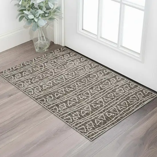 Chocolate And Ivory Geometric Washable Area Rug With UV Protection Photo 2