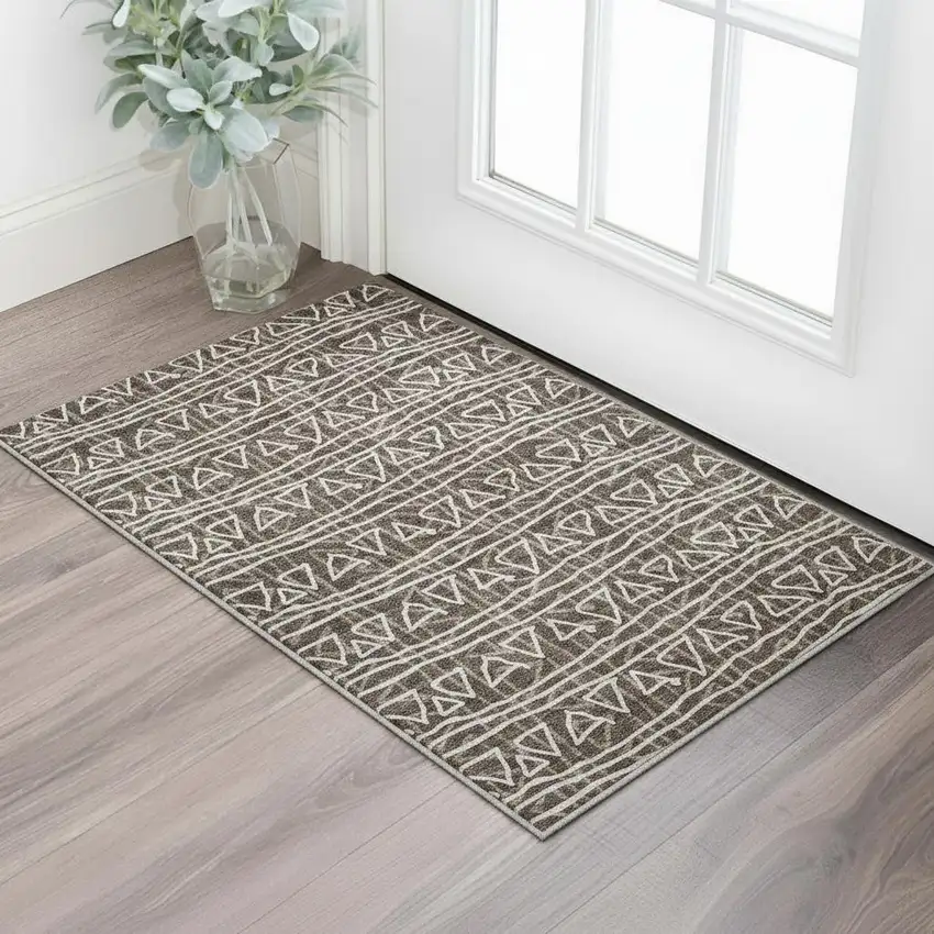Chocolate And Ivory Geometric Washable Area Rug With UV Protection Photo 2