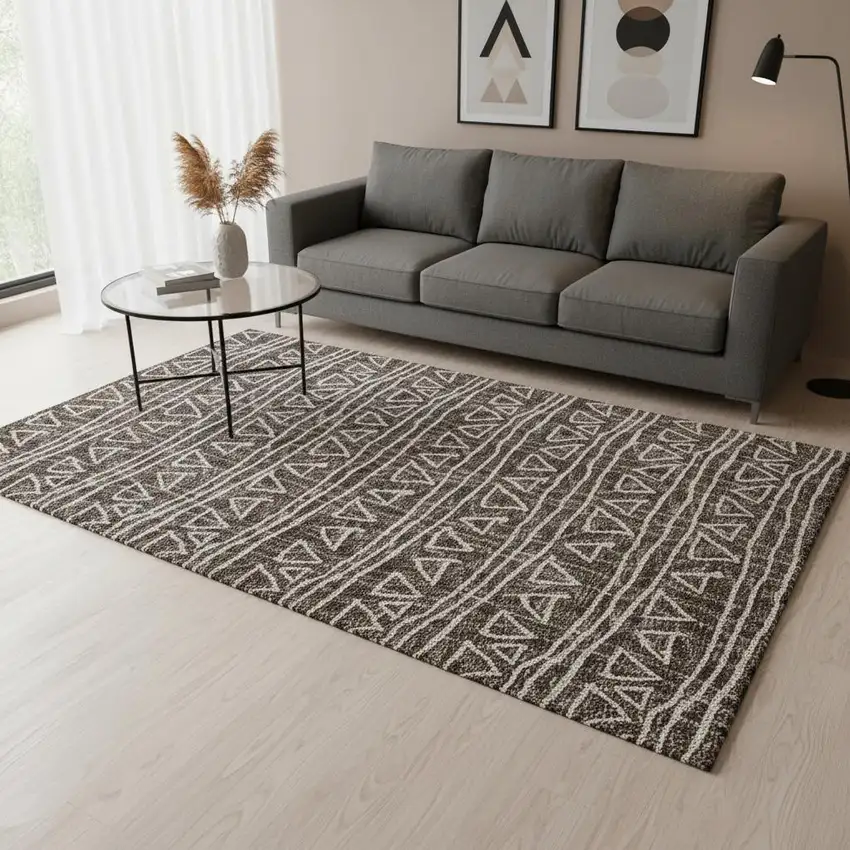 Chocolate And Ivory Geometric Washable Area Rug With UV Protection Photo 2
