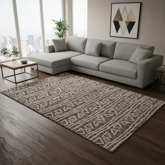 Chocolate And Ivory Geometric Washable Area Rug With UV Protection Photo 2