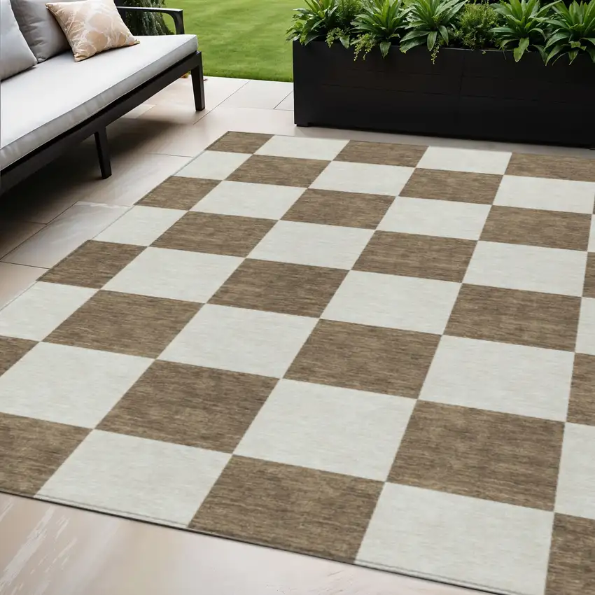 Chocolate And Ivory Geometric Washable Indoor Outdoor Area Rug Photo 1