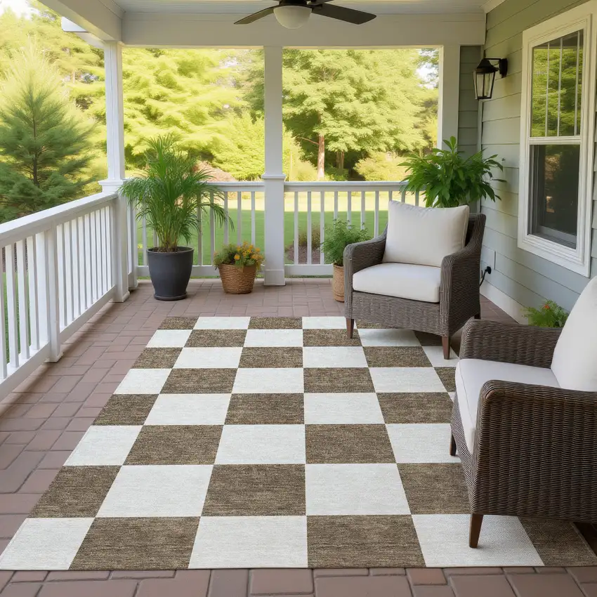 Chocolate And Ivory Geometric Washable Indoor Outdoor Area Rug Photo 9