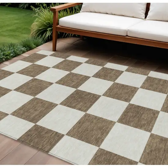 Chocolate And Ivory Geometric Washable Indoor Outdoor Area Rug Photo 1