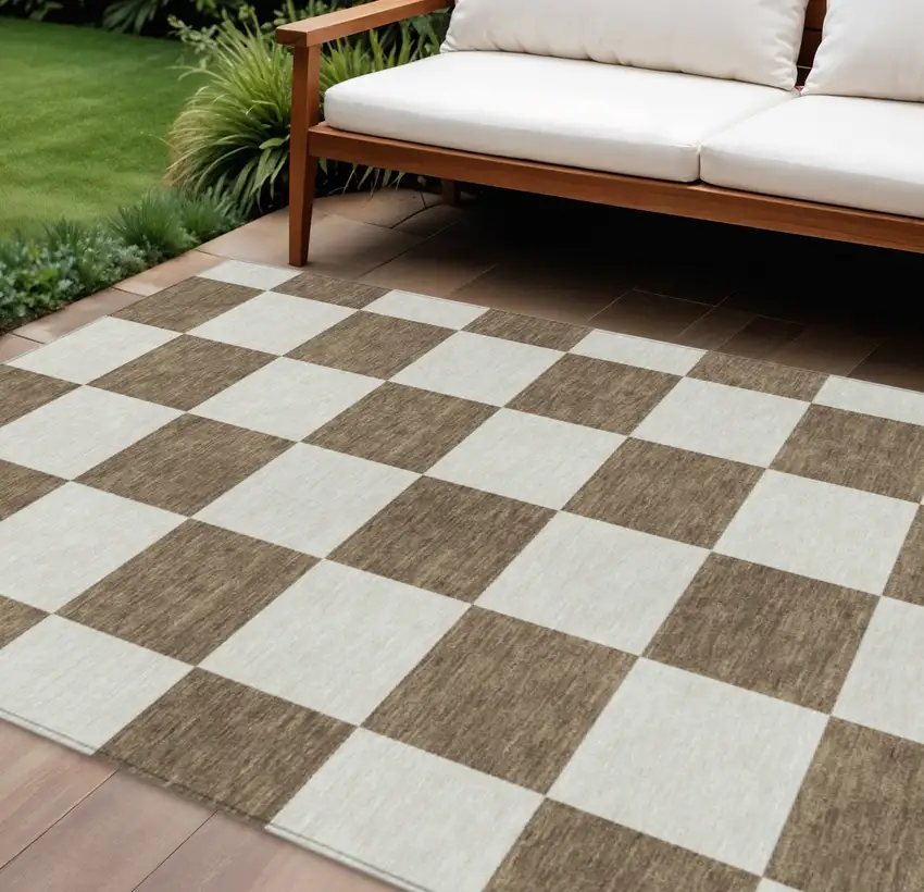 Chocolate And Ivory Geometric Washable Indoor Outdoor Area Rug Photo 1