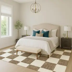 Photo of Chocolate And Ivory Geometric Washable Indoor Outdoor Area Rug