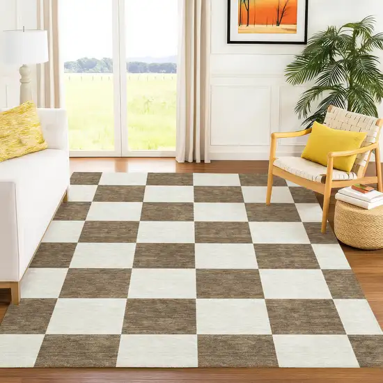 Chocolate And Ivory Geometric Washable Indoor Outdoor Area Rug Photo 9