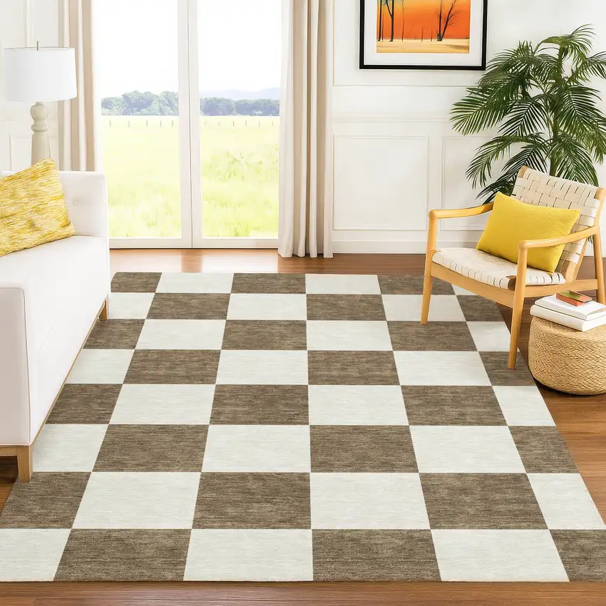 Chocolate And Ivory Geometric Washable Indoor Outdoor Area Rug Photo 9