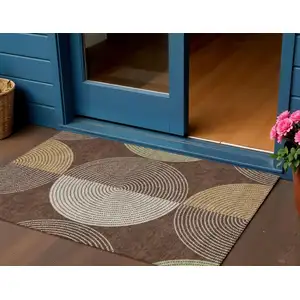 Photo of Chocolate And Ivory Geometric Washable Indoor Outdoor Area Rug