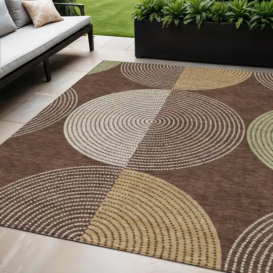 Chocolate And Ivory Geometric Washable Indoor Outdoor Area Rug Photo 1