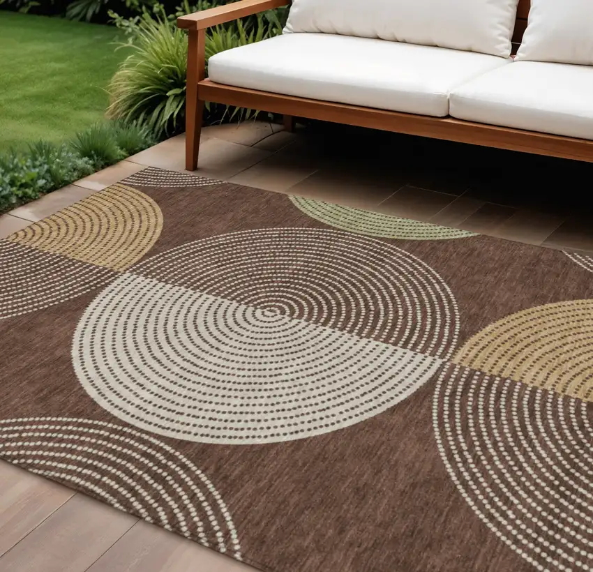 Chocolate And Ivory Geometric Washable Indoor Outdoor Area Rug Photo 1
