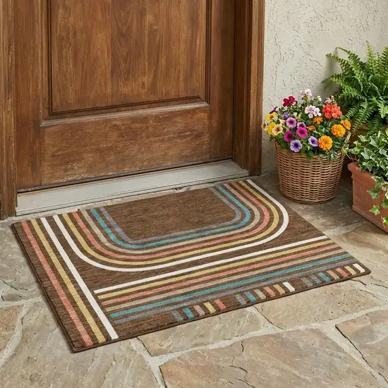 Chocolate And Ivory Geometric Washable Indoor Outdoor Area Rug Photo 1