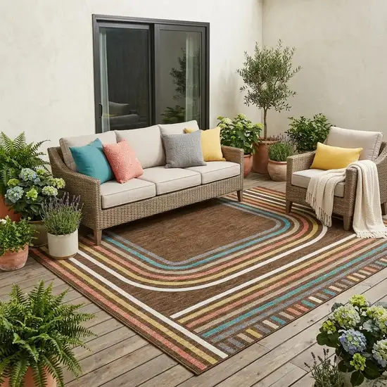 Chocolate And Ivory Geometric Washable Indoor Outdoor Area Rug Photo 1