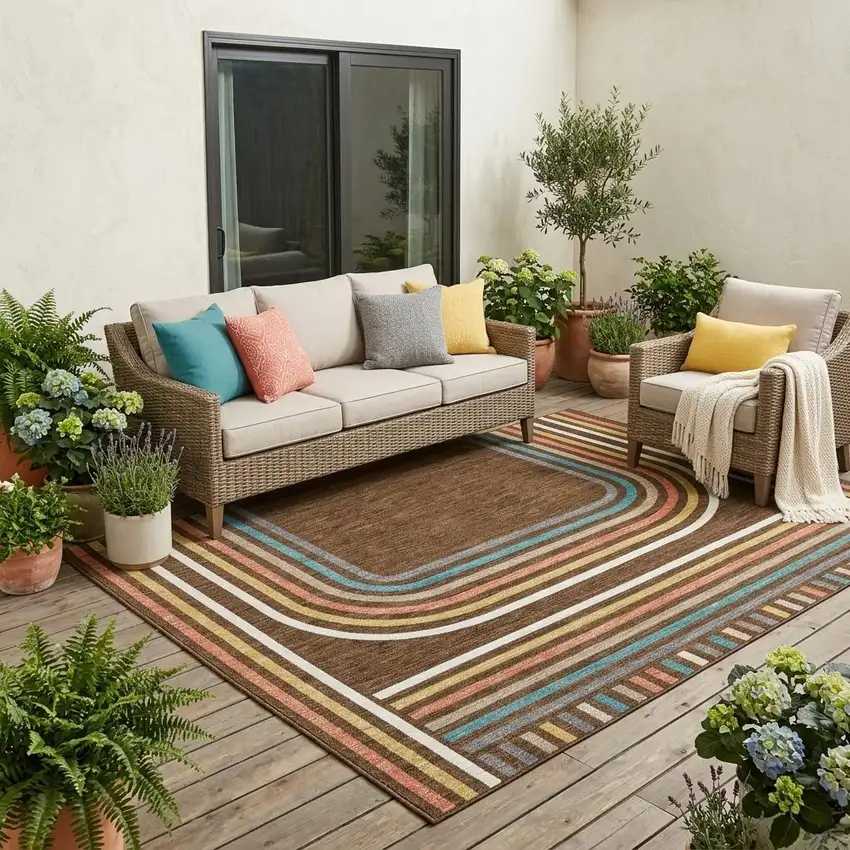 Chocolate And Ivory Geometric Washable Indoor Outdoor Area Rug Photo 1