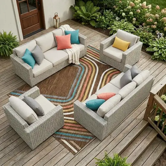 Chocolate And Ivory Geometric Washable Indoor Outdoor Area Rug Photo 1