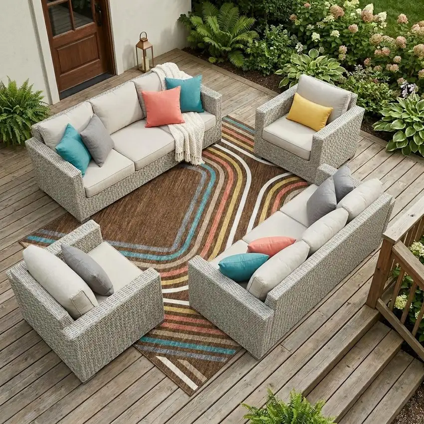 Chocolate And Ivory Geometric Washable Indoor Outdoor Area Rug Photo 1