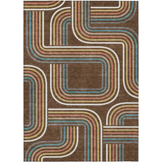 Chocolate And Ivory Geometric Washable Indoor Outdoor Area Rug Photo 5