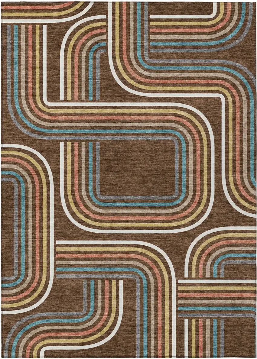Chocolate And Ivory Geometric Washable Indoor Outdoor Area Rug Photo 5