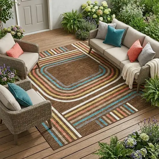 Chocolate And Ivory Geometric Washable Indoor Outdoor Area Rug Photo 1