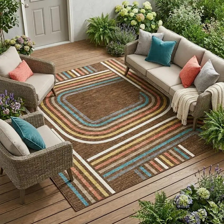 Chocolate And Ivory Geometric Washable Indoor Outdoor Area Rug Photo 1