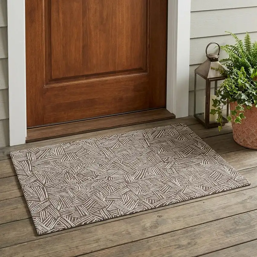 Chocolate And Ivory Geometric Washable Indoor Outdoor Area Rug Photo 1