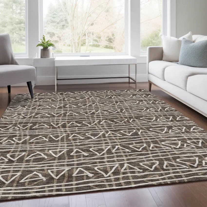 Chocolate And Ivory Geometric Washable Indoor Outdoor Area Rug Photo 8