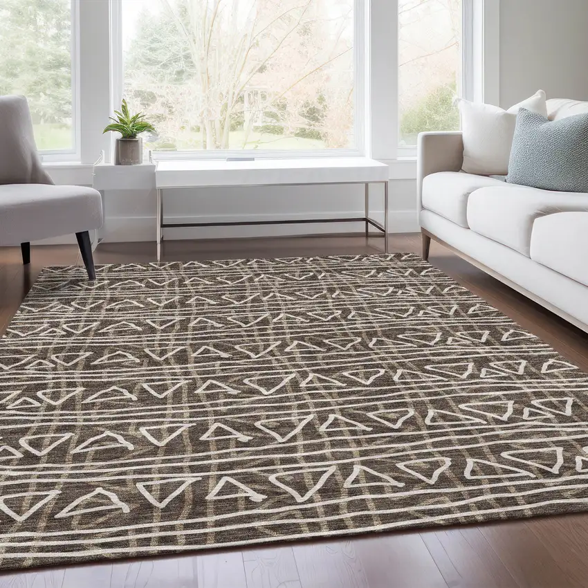 Chocolate And Ivory Geometric Washable Indoor Outdoor Area Rug Photo 8