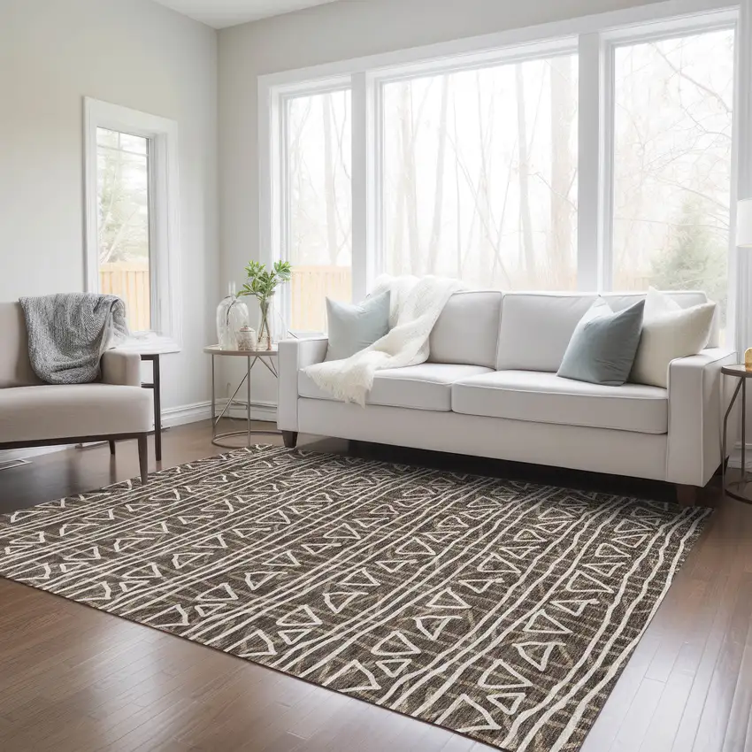 Chocolate And Ivory Geometric Washable Indoor Outdoor Area Rug Photo 9