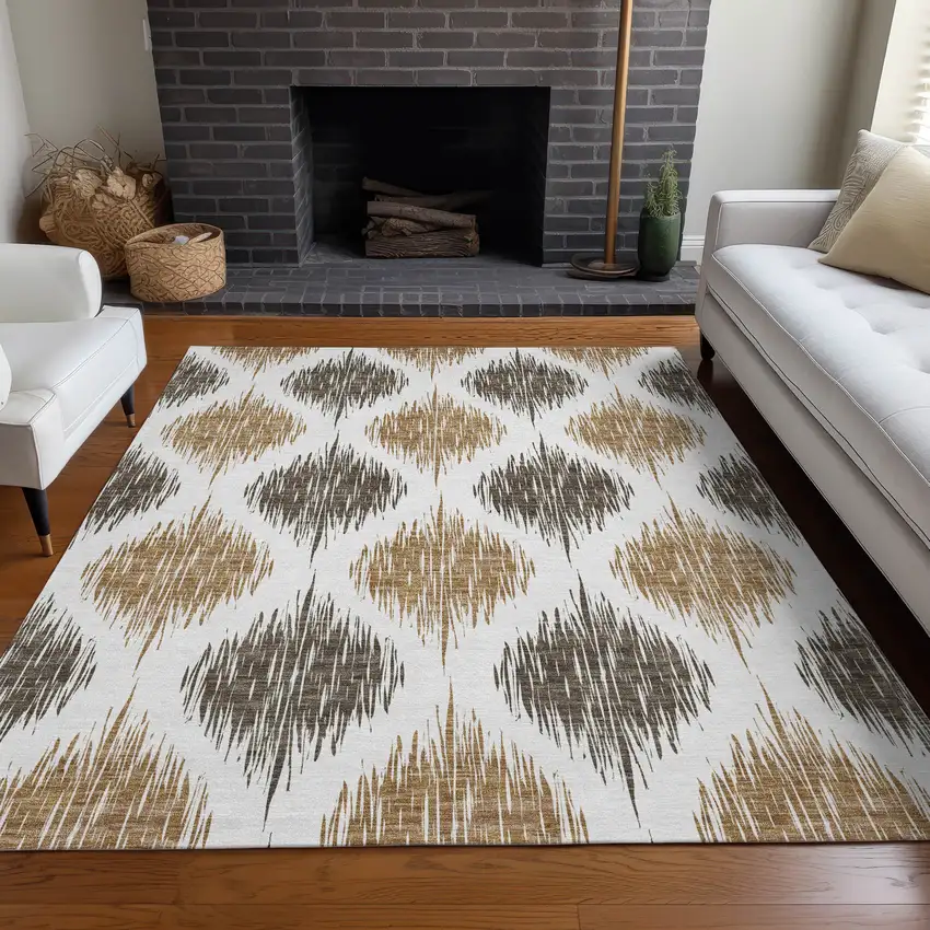 Chocolate And Ivory Ikat Washable Area Rug With UV Protection Photo 4