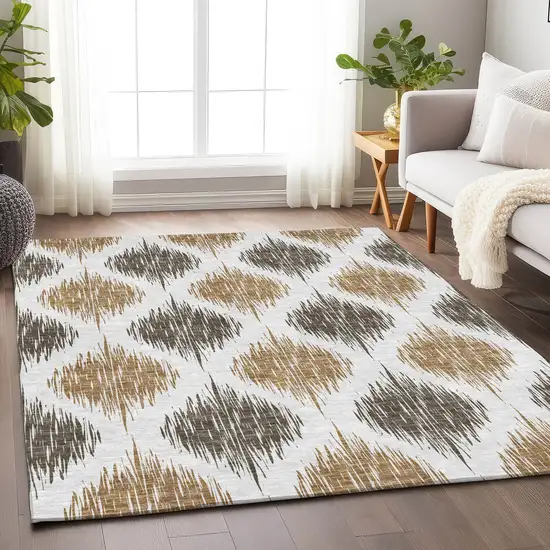 Chocolate And Ivory Ikat Washable Area Rug With UV Protection Photo 4