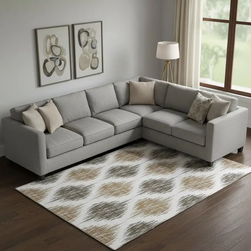 Chocolate And Ivory Ikat Washable Area Rug With UV Protection Photo 1