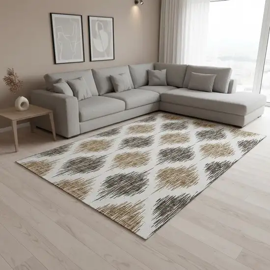 Chocolate And Ivory Ikat Washable Area Rug With UV Protection Photo 2