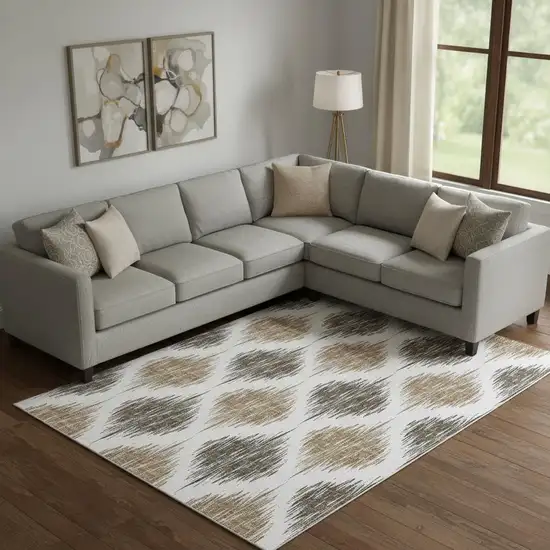 Chocolate And Ivory Ikat Washable Area Rug With UV Protection Photo 1