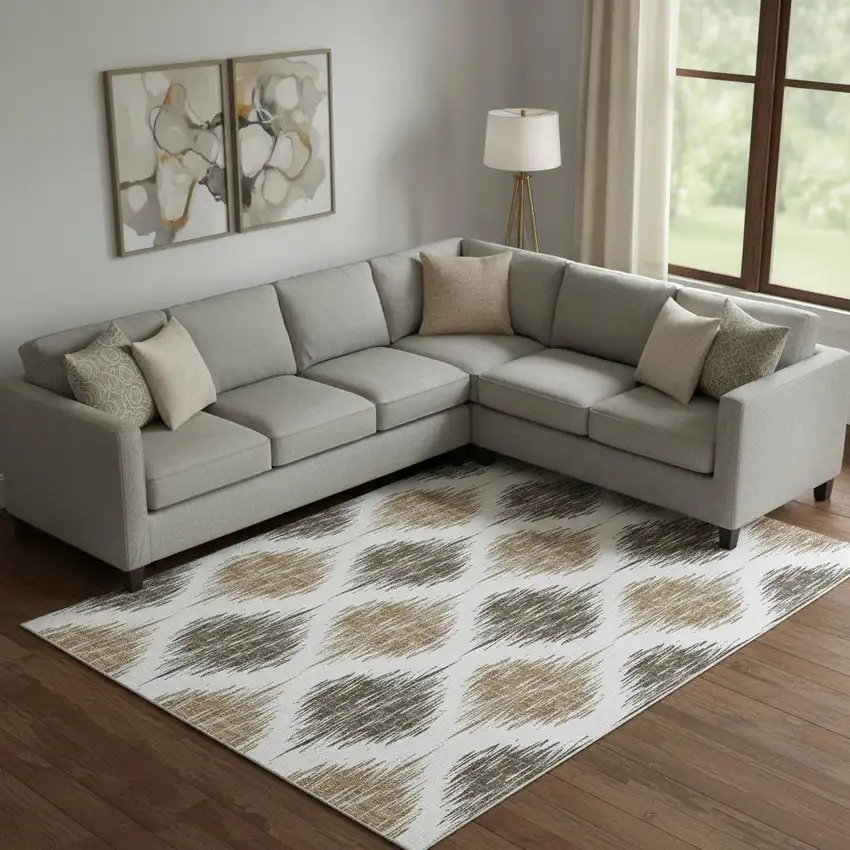 Chocolate And Ivory Ikat Washable Area Rug With UV Protection Photo 1